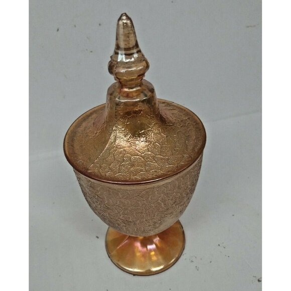 Jeannette Marigold Crackle Textured Candy Compote Jar - Lidded 1930's - Picture 9 of 9